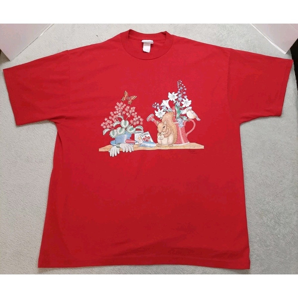 Vintage '90S Squirrel Floral Graphic Print T-shirt Adult XL Red Endless Designs
